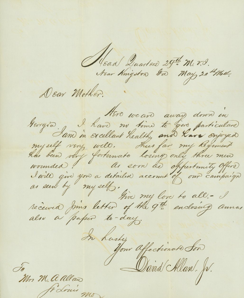 Letter signed David Allan, Jr., Head Quarters 29th M.V.I., near Kingston, Ga., to his mother Mrs. M.A. Allan, St. Louis, Mo., May 20, 1864 by David Allan