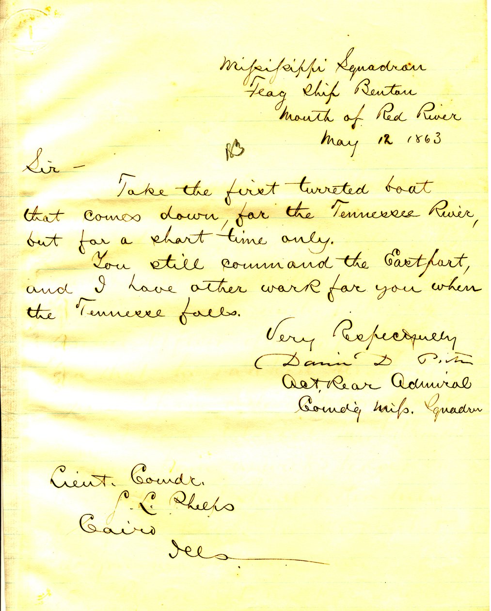 Letter from David D. Porter, U.S.S. Benton, mouth of Red River, to Seth Ledyard Phelps, Cairo, Illinois, May 12, 1863 by David D. Porter