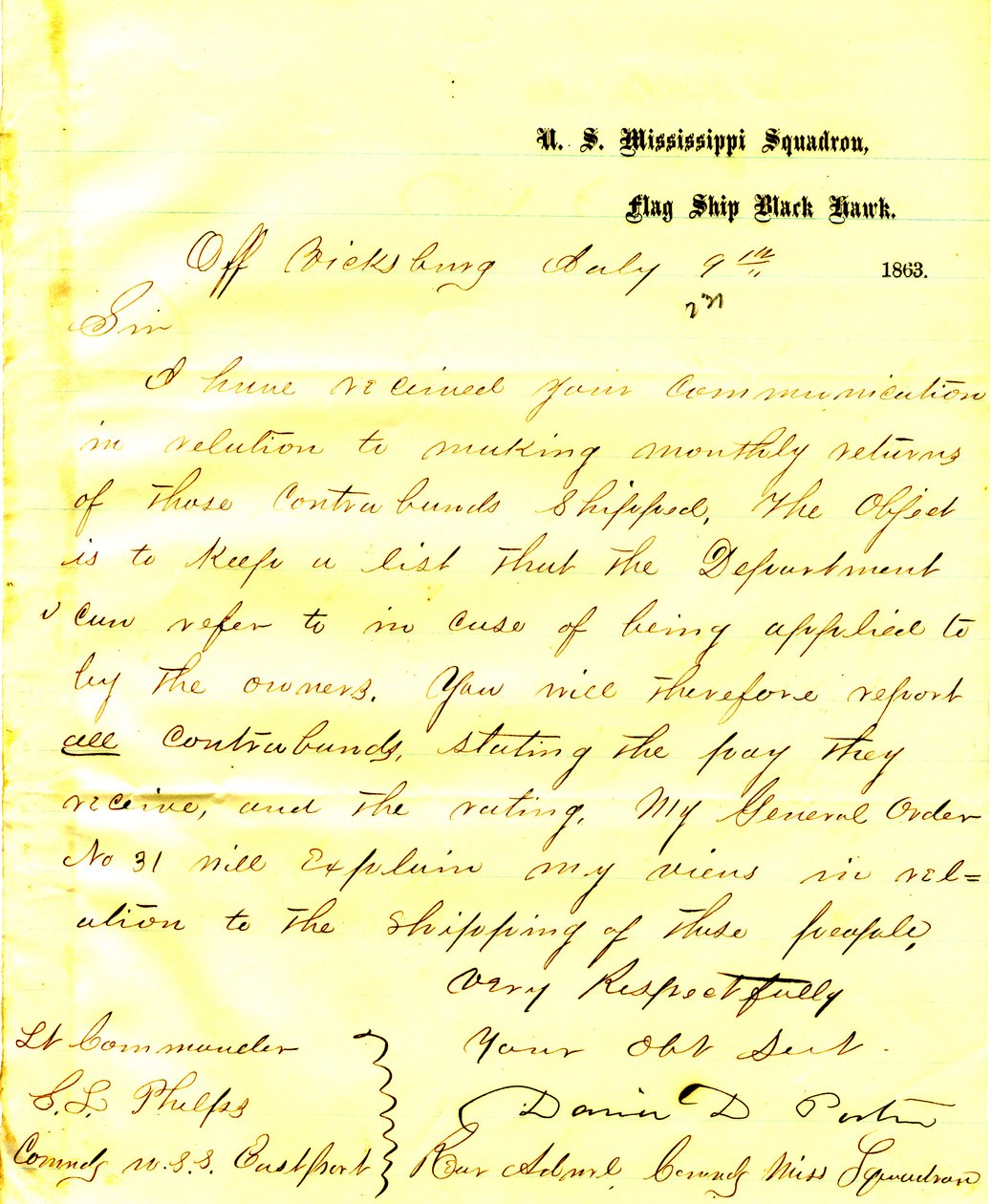 Letter from David D. Porter, U. S. S. Black Hawk, off Vicksburg, to Seth Ledyard Phelps, commanding the U. S. S. Eastport, July 9, 1863 by David D. Porter