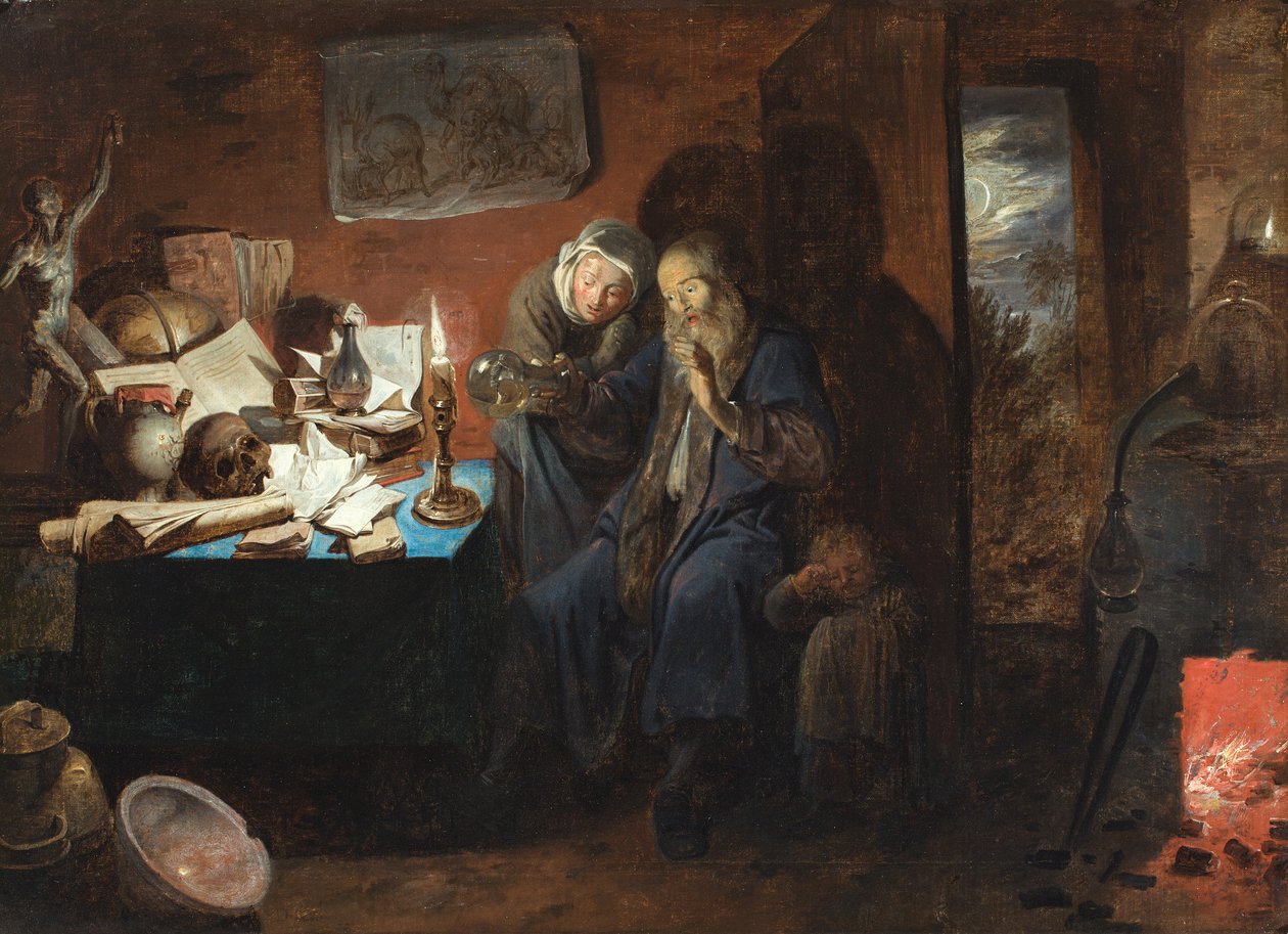 An Interior with an Alchemist, a Woman and a Child (a Vanitas) by David III Ryckaert
