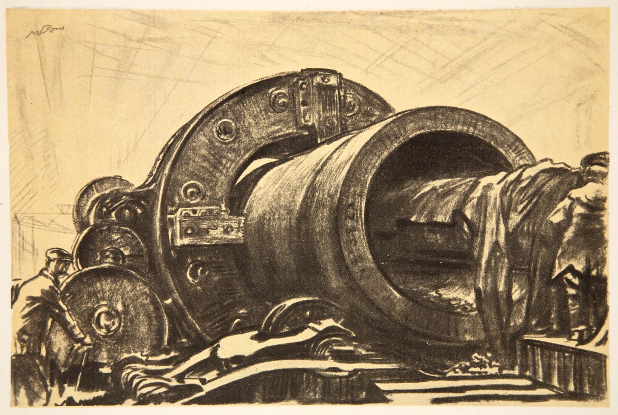 A coring machine at work on a heavy gun tube, illustration from 'The ...