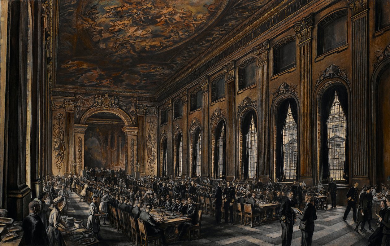 Officers dining in the painted hall during the Second World War by David Muirhead Bone
