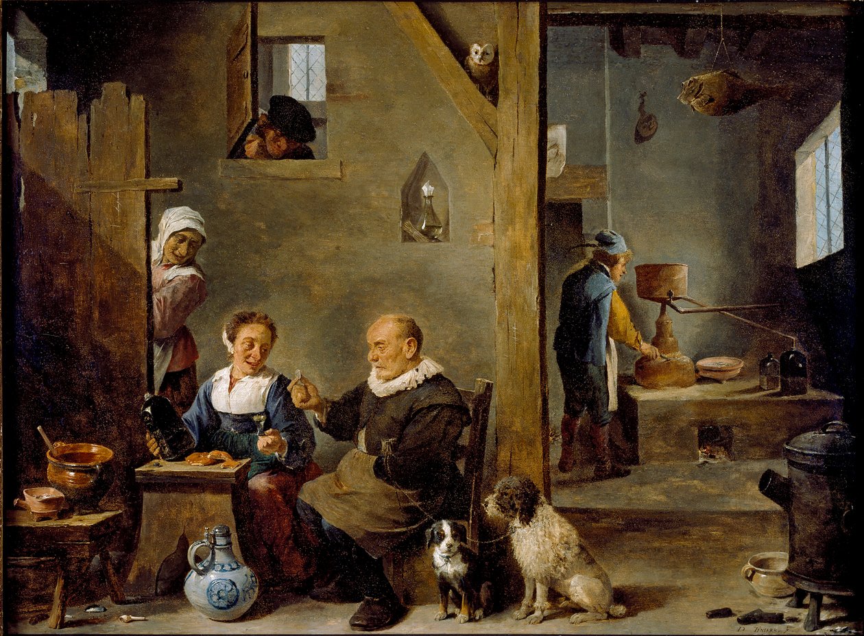 A Distillery with an Elderly Man Buying Gin from a Woman by David Teniers II