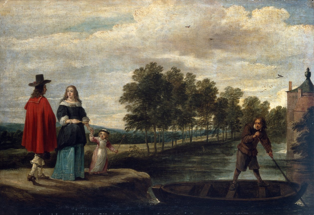 The Artist, His Wife and Child by the Moat of His Mansion, Perck by David Teniers the Younger