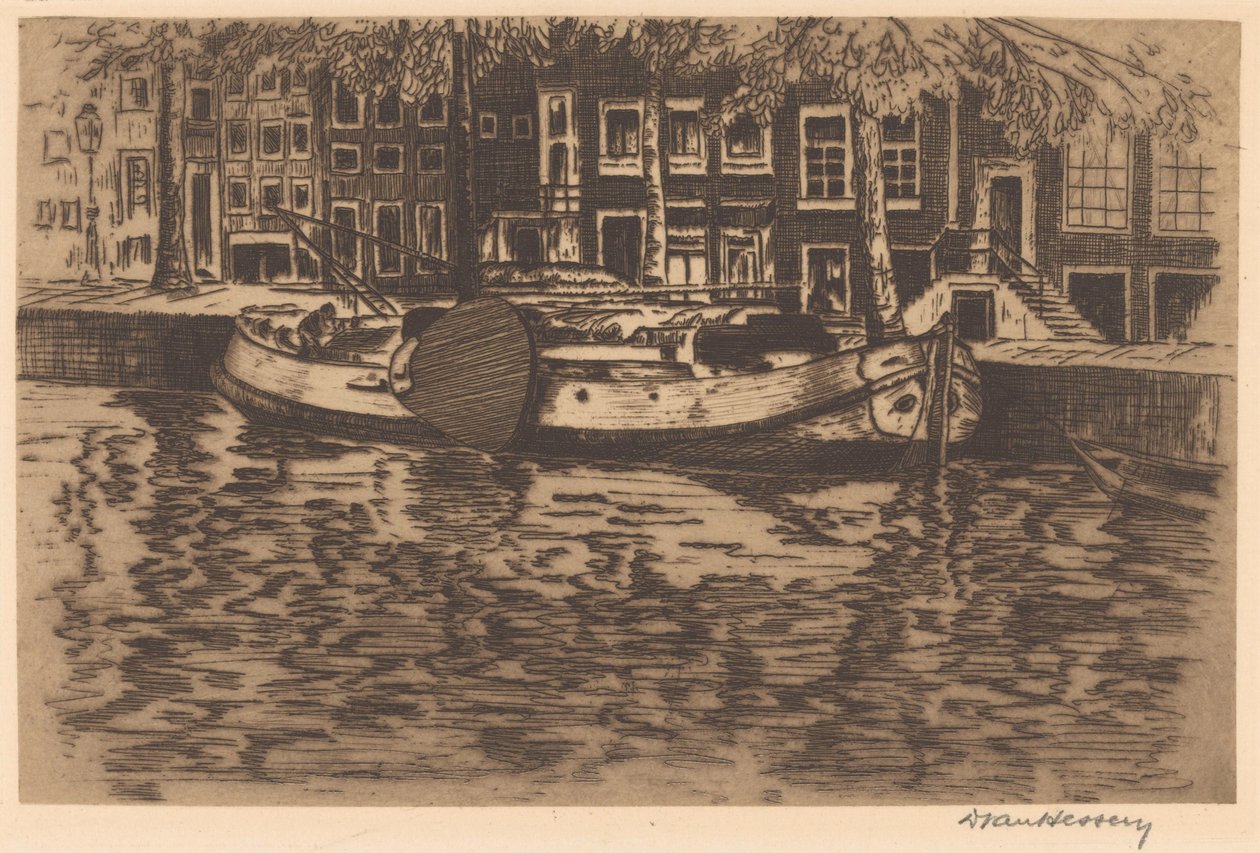 Canal with Moored Sailboat by David van Hessen (signed by artist)
