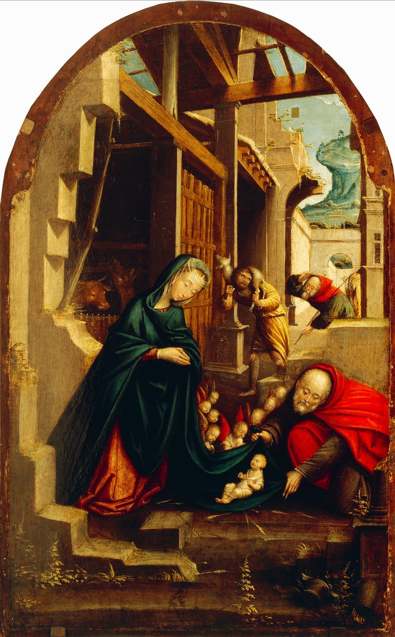 Nativity with adoring angels and shepherds