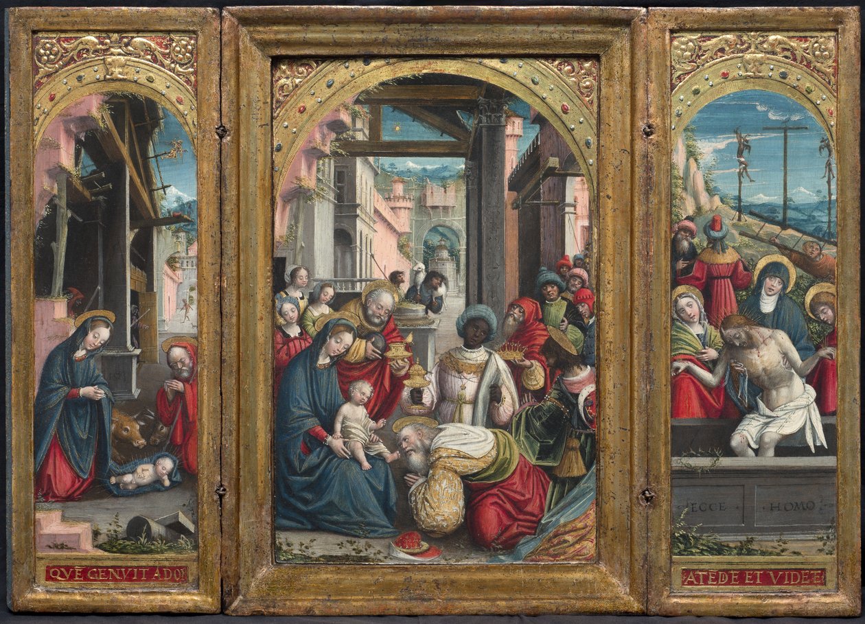 Triptych with the Nativity in the center, on the right the Adoration of the Magi, on the left the Deposition of Christ in the tomb, 1523 by Defendente Ferrari