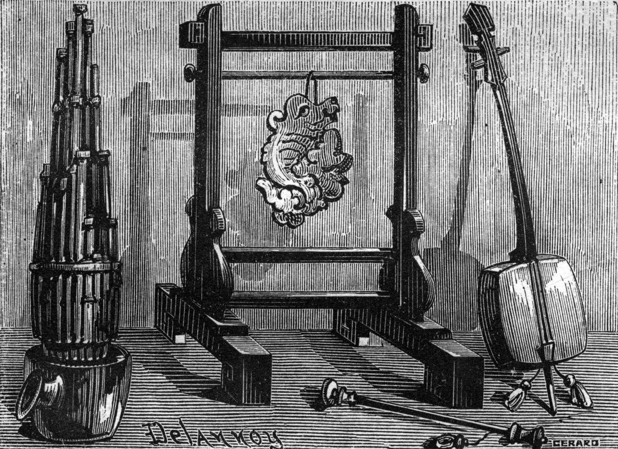 Chinese musical instruments: organ, sound stone and violin. by Delannoy Delannoy