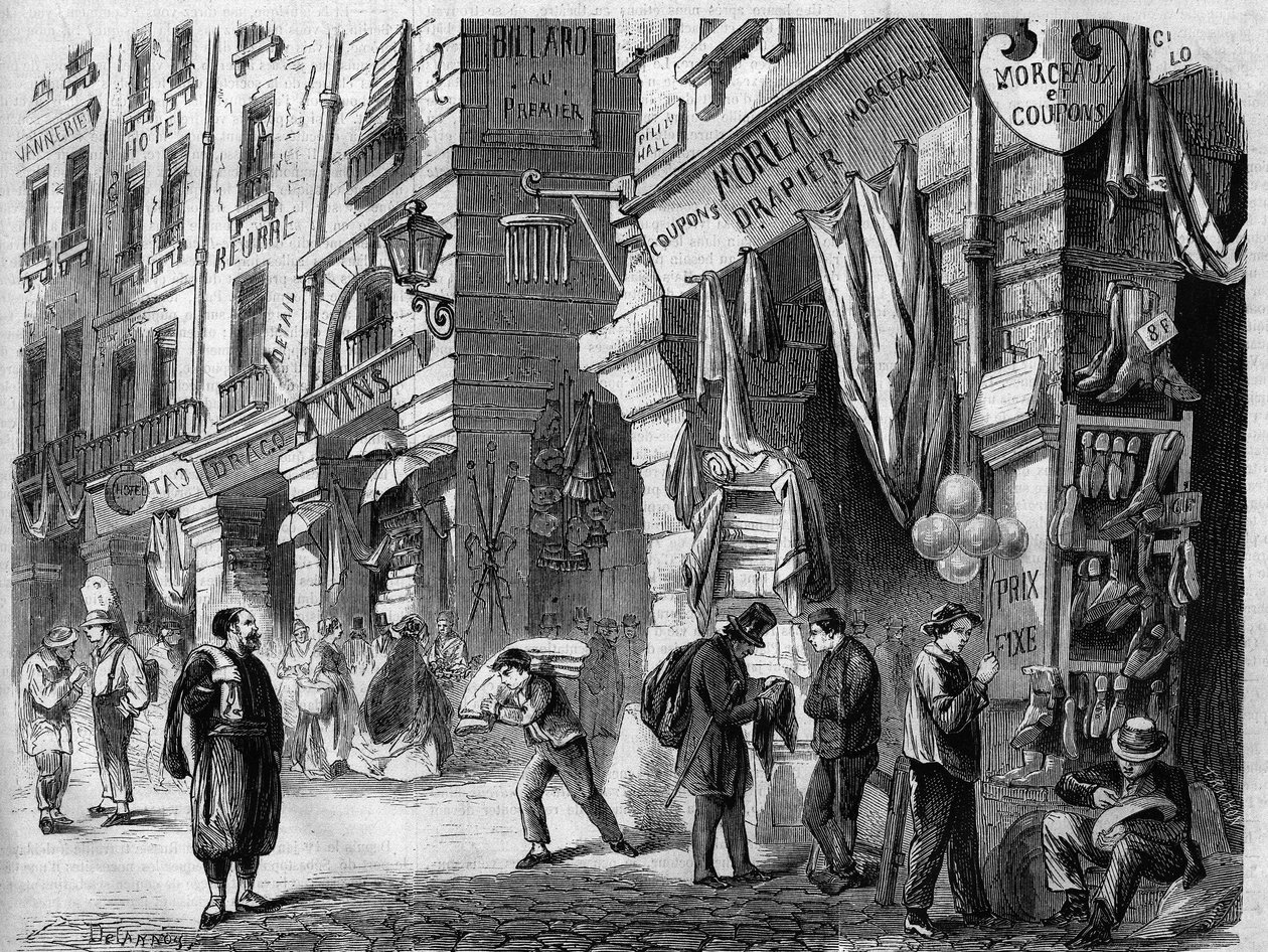 Paris, view of the covered galleries on the ground floor of the houses of the rue de la Tonnelerie, also called the pillars of the Halles, engraving after the drawing by Delannoy, in “L