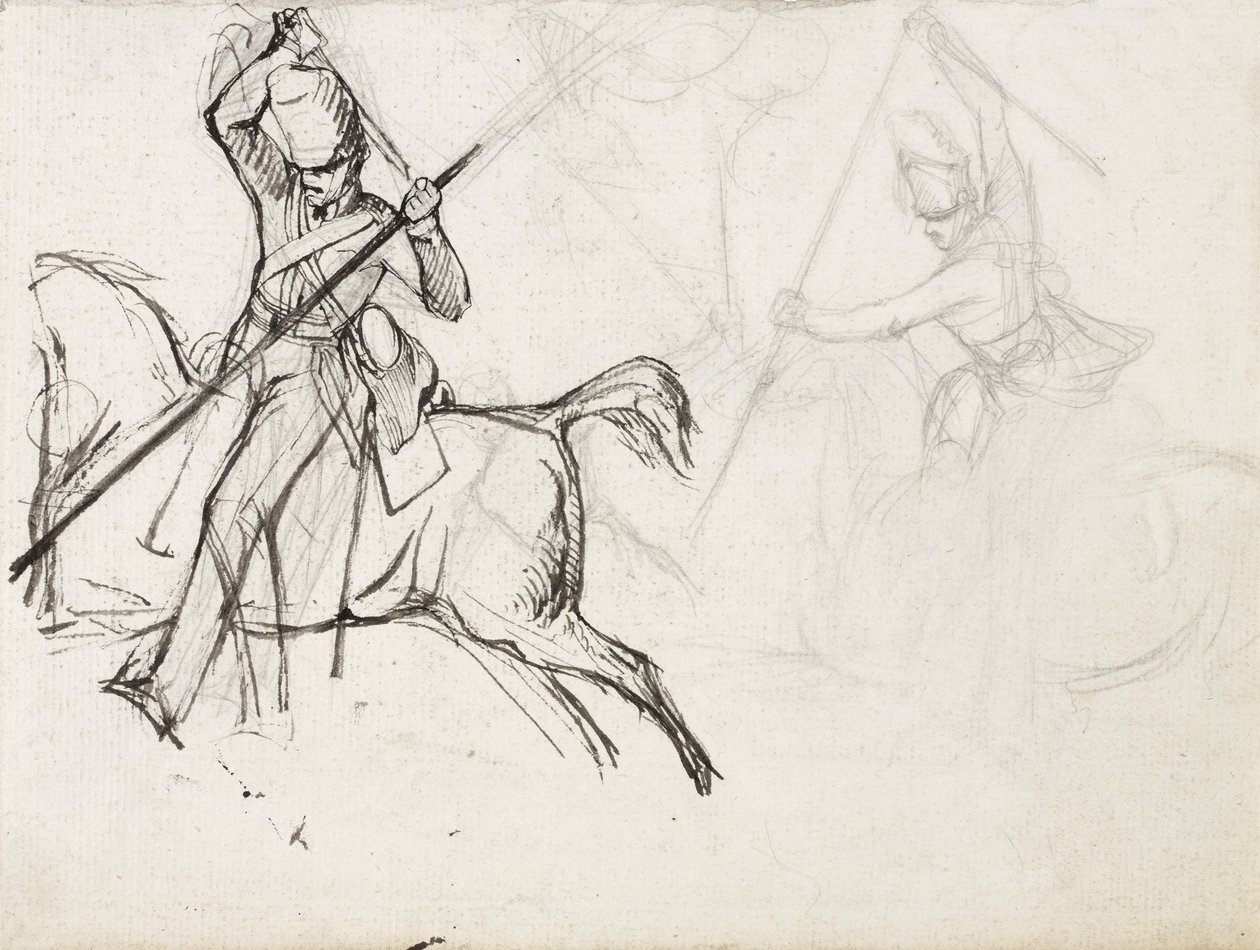 Studies for the figure of Sergeant Ewart, Scots Greys, for the painting showing his capture of the French Eagle at the Battle of Waterloo, 1815, c.1817 by Denis Dighton