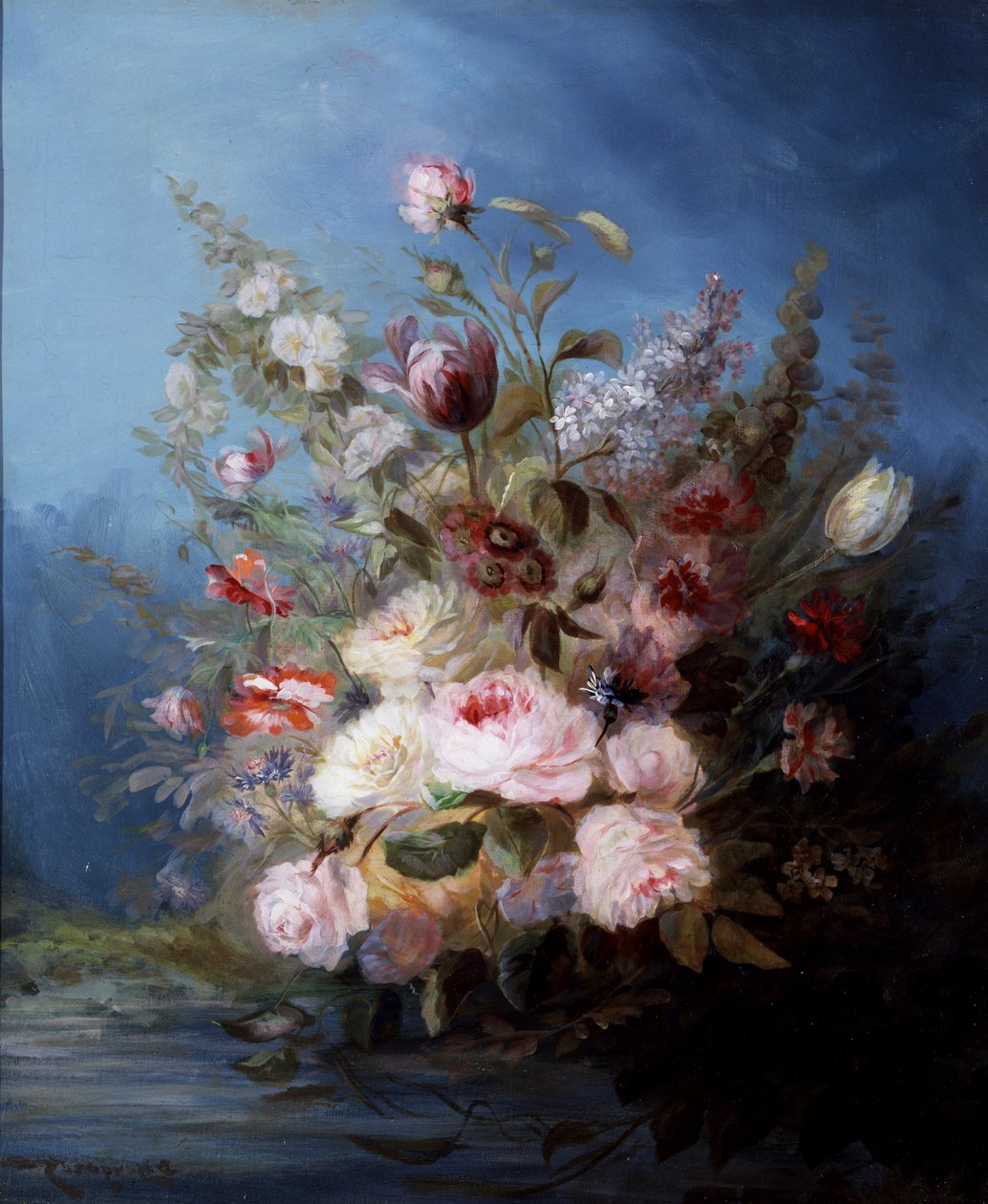 Still Life. Bouquet of flowers by the water with roses and tulips. Painting by Denis Pierre Bergeret. Private collection. by Denis Pierre Bergeret