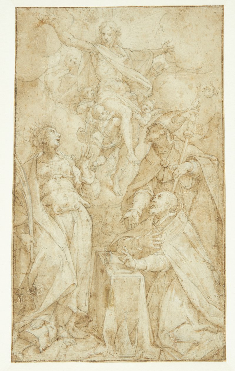 Christ in the Clouds, Carried by Angels, Appears to a Bishop at a Lectern, a Bishop Saint (St. Augustine?) and Catherine of Alexandria by Denys Calvaert