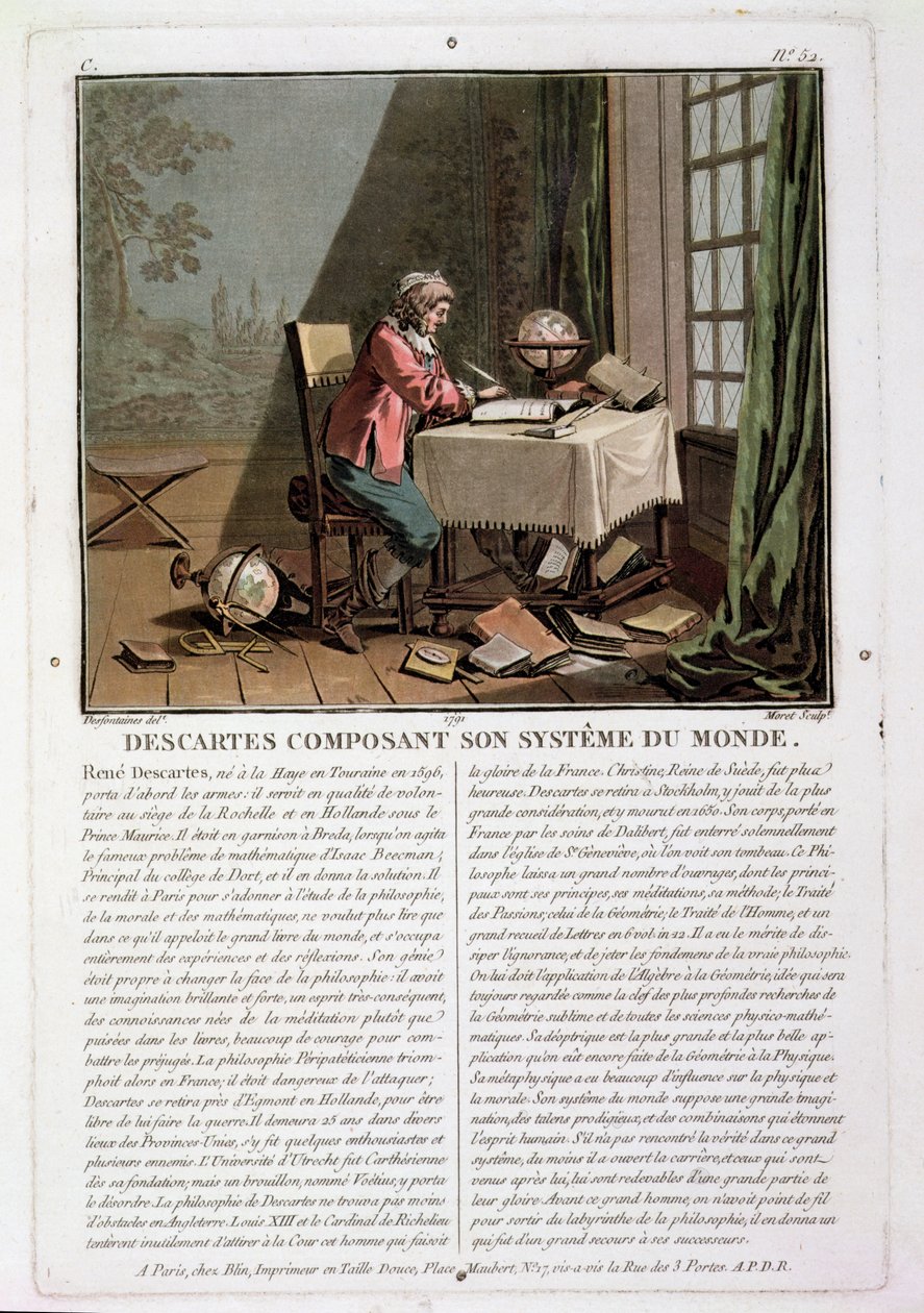 Rene Descartes Writing His World System, Engraved by Jean Baptiste Moret by Desfontaines
