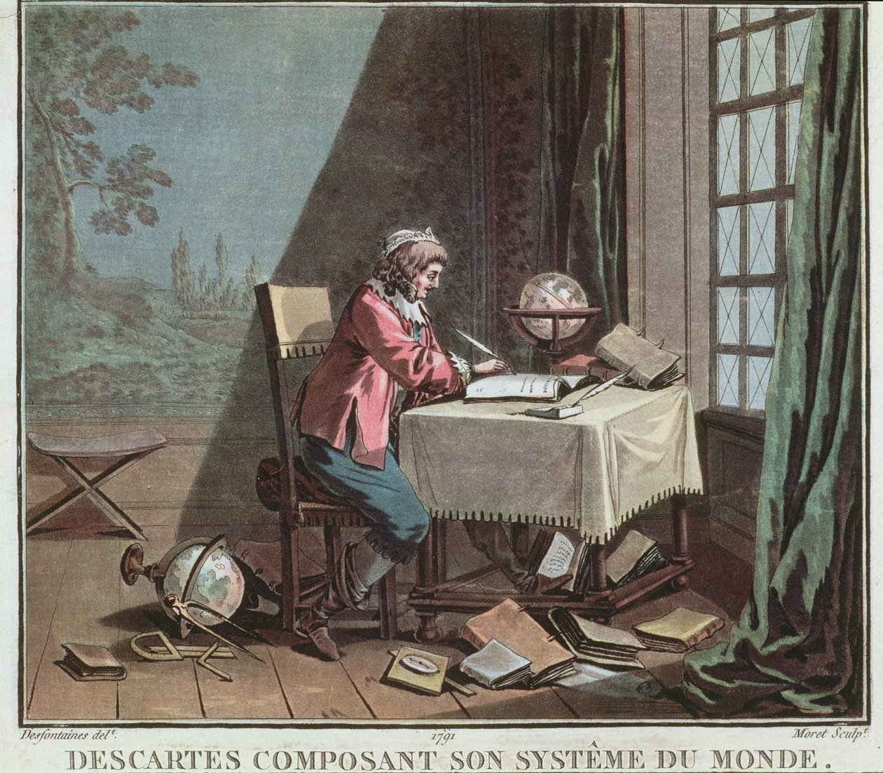 Rene Descartes (1596-1650) writing his world system, engraved by Jean Baptiste Moret, 1791 by Desfontaines