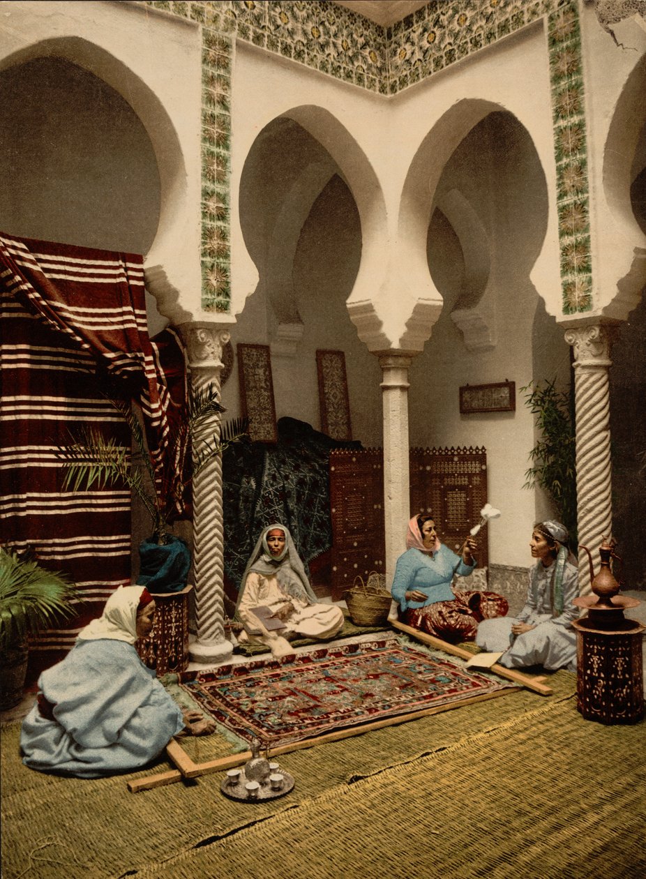 Moorish Women making Arab Carpets, Algiers, Algeria, c.1899 by Detroit Photographic Co.