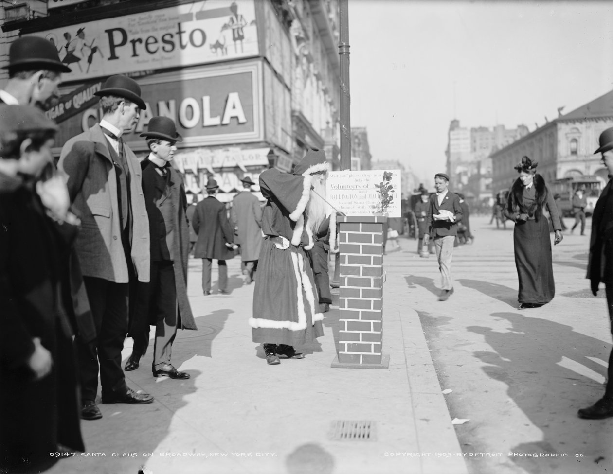 Santa Claus collecting donations for Volunteers of America on Broadway in New York City, c. 1903 by Detroit Publishing Co.