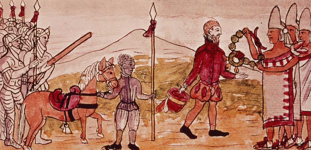 Meeting of Hernando Cortes (1485-1547) and Montezuma (1466-1520), miniature from the 
