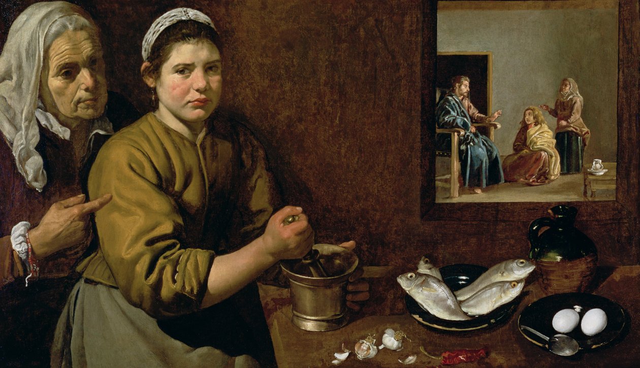 Kitchen Scene with Christ in the House of Martha and Mary by Diego Velázquez