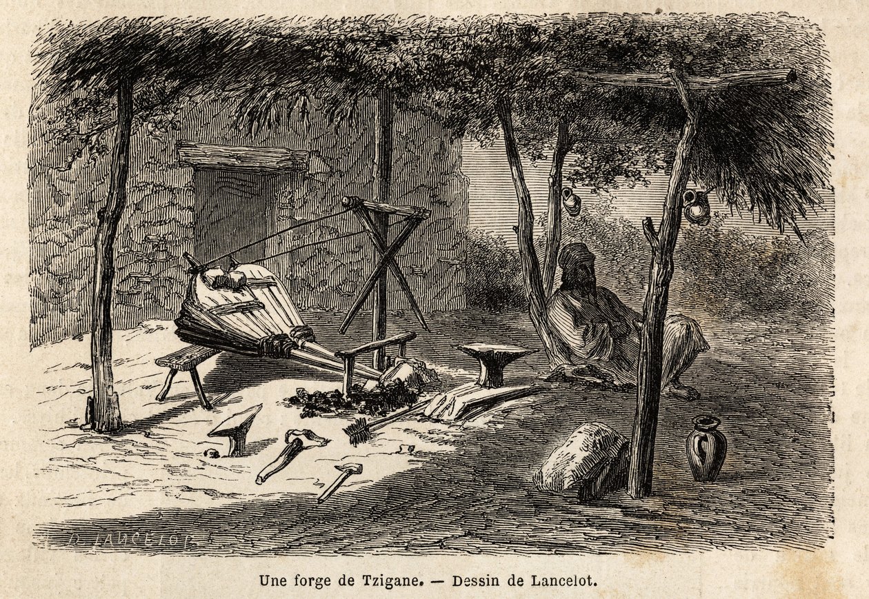 A gypsy forge in the region of Walachia, Romania. Engraving to illustrate the voyage from Paris to Bucharest, by Lancelot, draftsman, in 1860, published in 