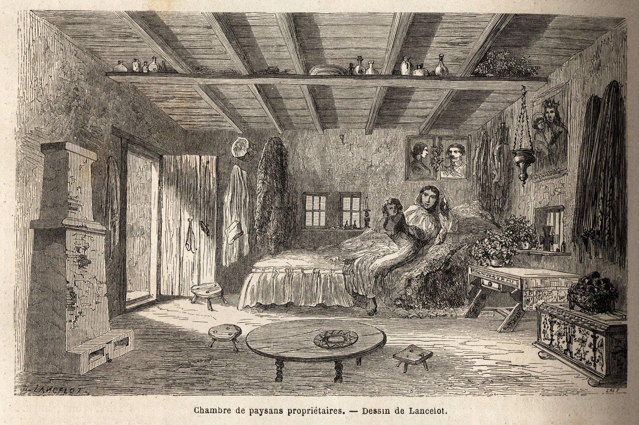 A house of owner peasants, in the vicinity of Orezu (Walachia region, Romania). Engraving to illustrate the voyage from Paris to Bucharest, by Lancelot, draftsman, in 1860, published in Le tour du monde, nouveau journal des voyages, under the direction of  by Dieudonne Auguste Lancelot