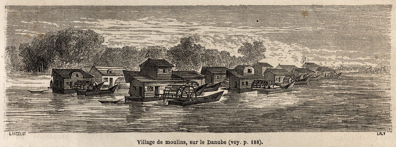 A village of mills on the Danube, drawing by Lancelot, to illustrate Victor Duruy