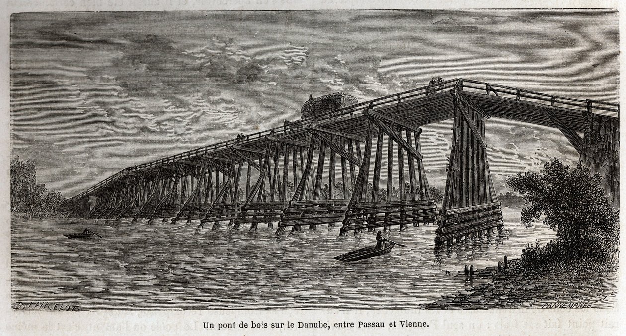 A wooden bridge over the Danube, between Passau and Vienna. Engraving in Le tour du monde, edited by Edouard Charton by Dieudonne Auguste Lancelot