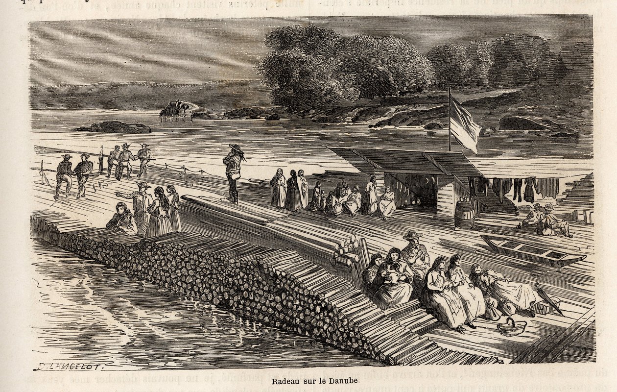 A wooden raft on the Danube for the transport of goods and people. Engraving in Le tour du monde, edited by Edouard Charton by Dieudonne Auguste Lancelot