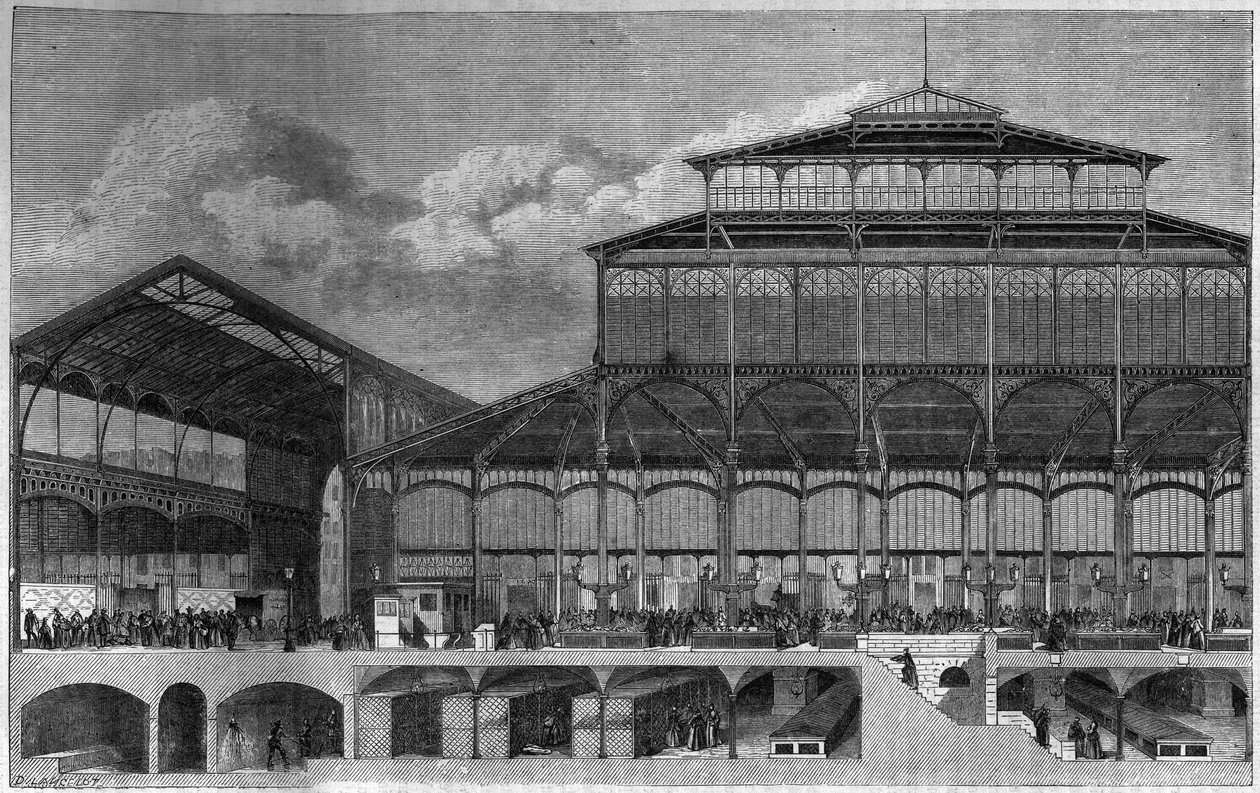 Cross-section of the Halles de Paris in 1862. Engraving by Lancelot in 