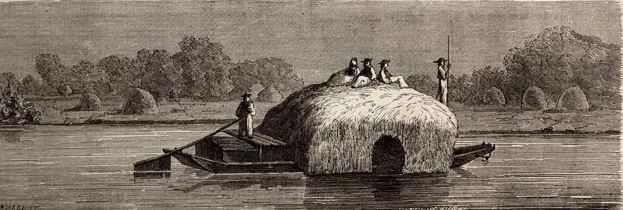 Cutting, harvesting and transporting fodder on the banks of the Danube. Drawing by Lancelot, to illustrate his journey from Paris to Bucharest in 1860. Engraving in 
