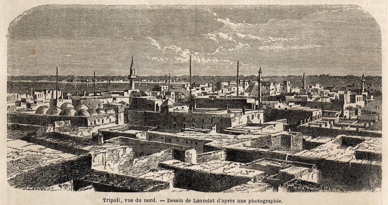 General view of Tripoli, drawing by Lancelot, to illustrate the Tripolitan walks, in 1860, of the Baron de Krafft. Engraving in 