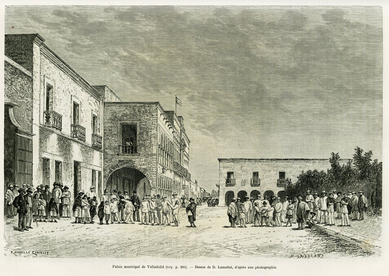 Municipal Palace of Valladolid. Engraving to illustrate the story Ma last expedition au Yucatan, by Desire Charnay, in le tour du monde 1887, directed by Edouard Charton, Hachette, Paris. by Dieudonne Auguste Lancelot
