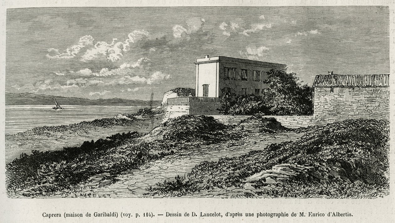 The house of Giuseppe Garibaldi (1807-1882) at La Caprera (Sardinia), engraved after a drawing by D.Lancelot, to illustrate the story of Syria today, by Mr.Lortet, dean of the Faculty of Medicine of Lyon, charged with a scientific mission by the Ministry o by Dieudonne Auguste Lancelot