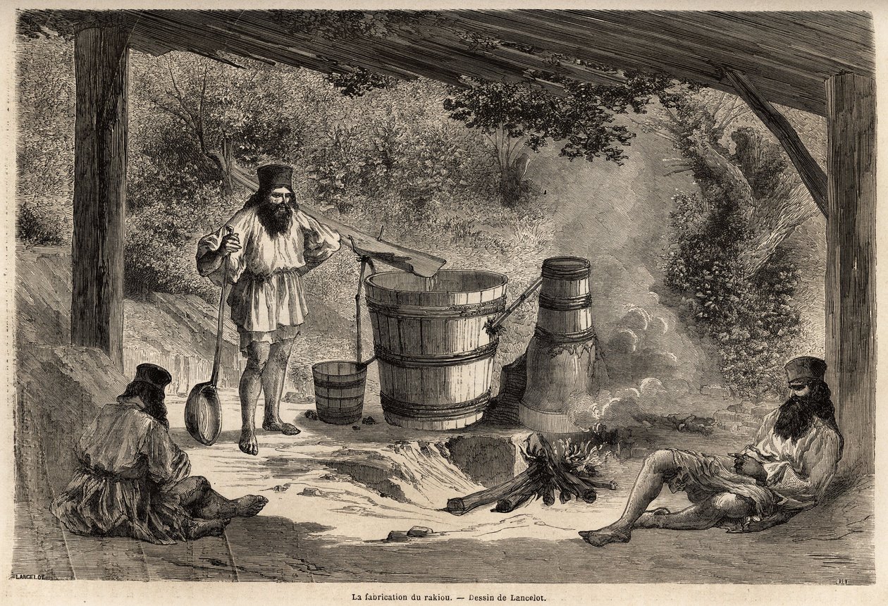 The manufacture of rakiou, cereal alcohol, sort of schnapps very common in Romania. Engraving to illustrate the voyage from Paris to Bucharest, by Lancelot, draftsman, in 1860, published in Le tour du monde, nouveau journal des voyages, under the direction by Dieudonne Auguste Lancelot