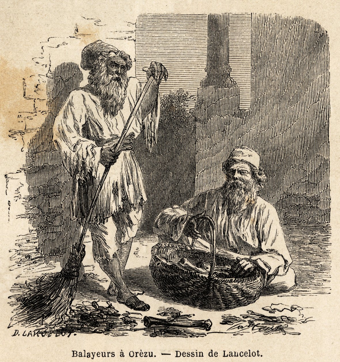 The sweepers in Orezu (Romania). Engraving to illustrate the voyage from Paris to Bucharest, by Lancelot, draftsman, in 1860, published in Le tour du monde, nouveau journal des voyages, under the direction of Edouard Charton by Dieudonne Auguste Lancelot