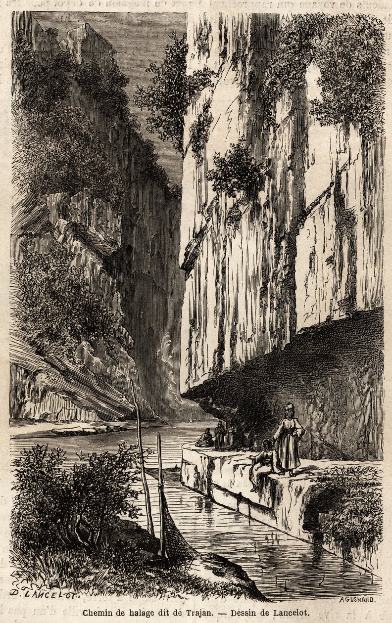 The towpath on the banks of the Danube, digs into the rock wall, also called the path of Trajan, which made it pierce, for his expedition against the Dacians of the north of the Danube. Drawing by Lancelot, to illustrate h by Dieudonne Auguste Lancelot