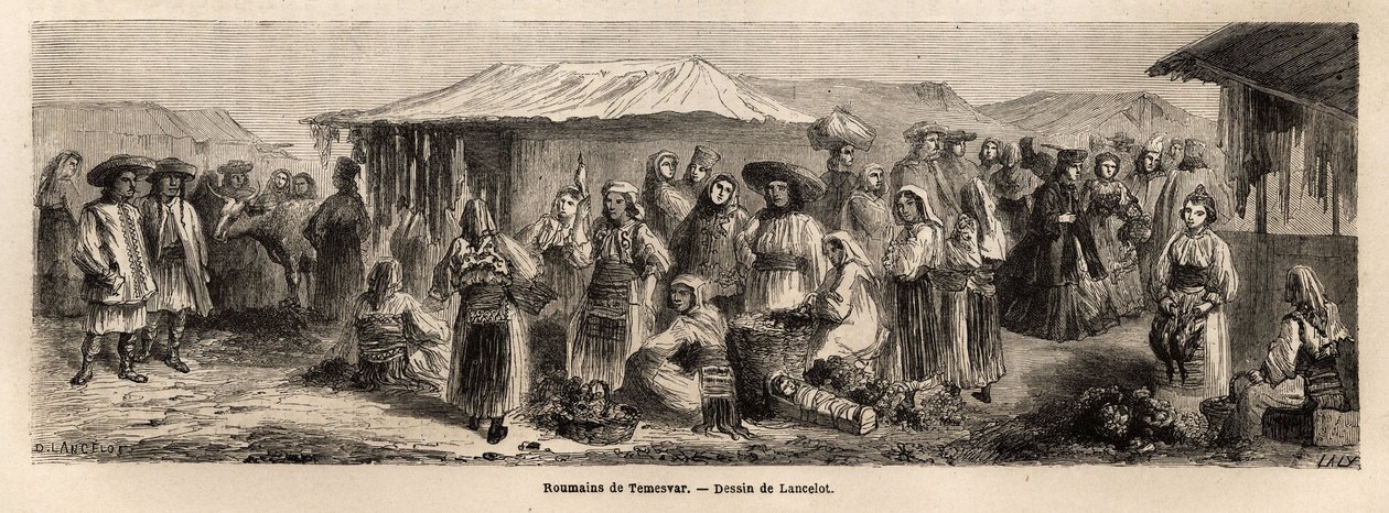 The walking population of Tesmevar (or Timisoara) in Romania. Engraving to illustrate the voyage from Paris to Bucharest, by Lancelot, draftsman, in 1860, published in Le tour du monde, nouveau journal des voyages, under the direction of Edouard Charton by Dieudonne Auguste Lancelot