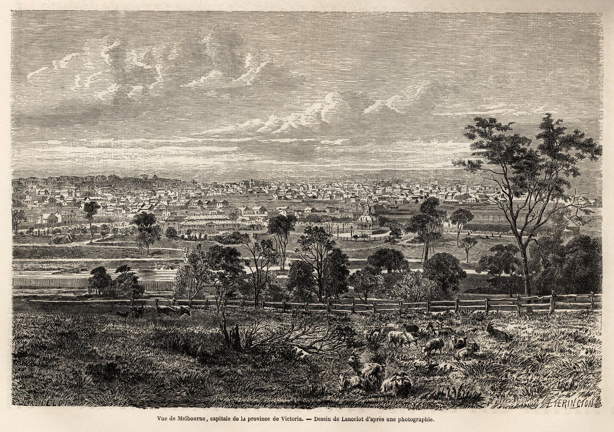 View of Melbourne (Australia), drawing by Lancelot, to illustrate the memories of a French squatter in Australia, in 1854-1859, by M. de Castella. Engraving in 