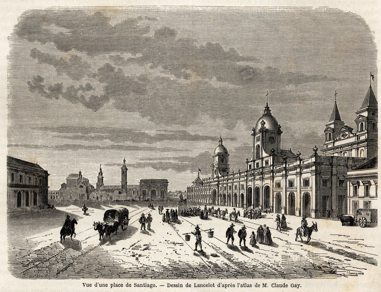 View of a square in Santiago, drawing by Lancelot, to illustrate the journey to South America, in 1823, by Giovanni Mastai Ferretti. Engraving in 