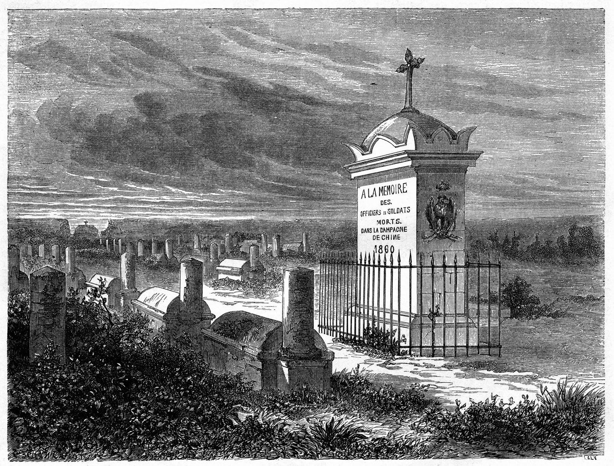 View of the French Cemetery in Pekin (Beijing), China. Engraving after a drawing by Lancelot, in Le Tour du Monde, Nouveau journal des Voyages, edited by Edouard Charton, Paris by Dieudonne Auguste Lancelot