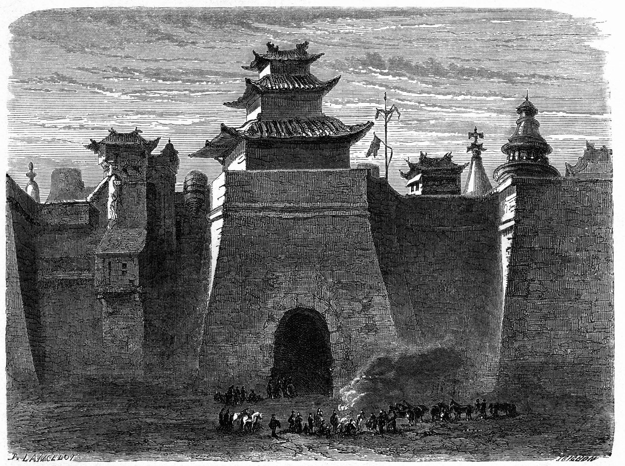 Walls and Gate of Beijing, China. Engraving by Lancelot, in Le Tour du Monde, Nouveau Journal des Voyages, Edited by Edouard Charton, Paris by Dieudonne Auguste Lancelot