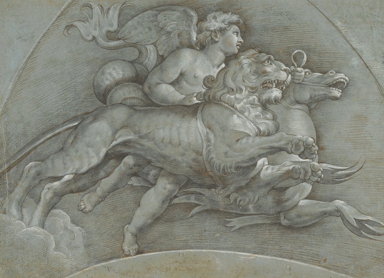 A Winged Putto Riding a Sea Horse and a Lion after Raphael by Dionisio Calvaert