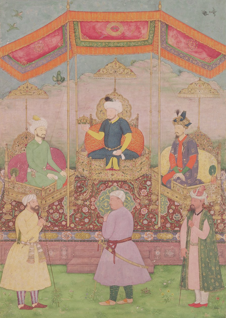 Mughal Emperor Babur and his son, Humayan, Indian miniature from Rajasthan, 16th century by Dip Chand