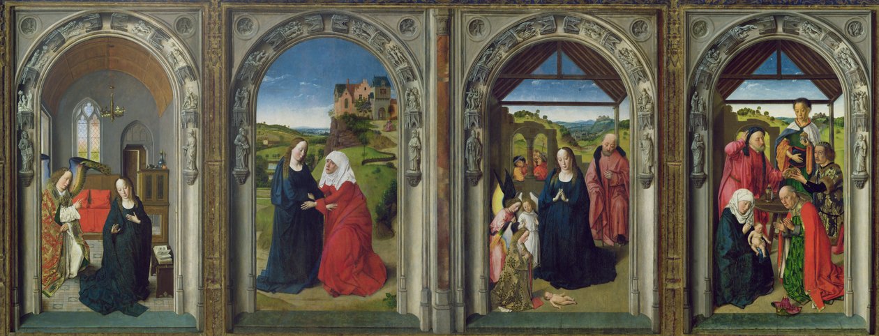 Triptych Showing the Annunciation, the Visitation, the Adoration of the Angels and the Adoration of the Magi, c.1445 by Dirck Bouts