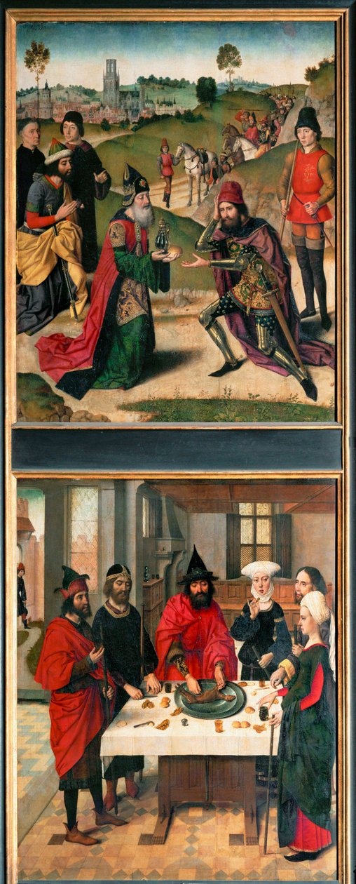 Altar of the Last Supper, Left Wing: Top: Abraham and Melchisedek by Dirck Bouts