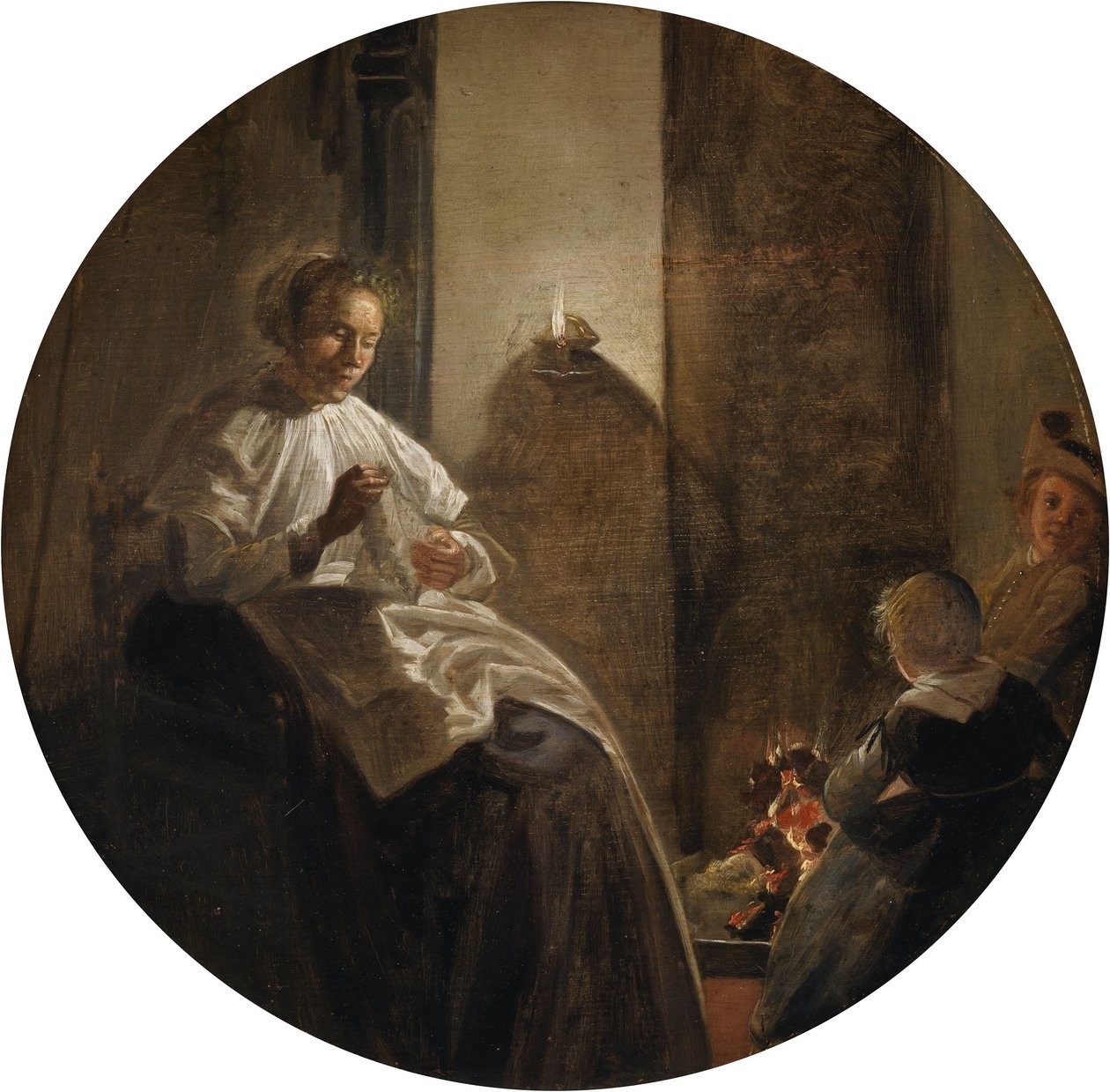A Woman Sewing by Candlelight by Dirck Hals