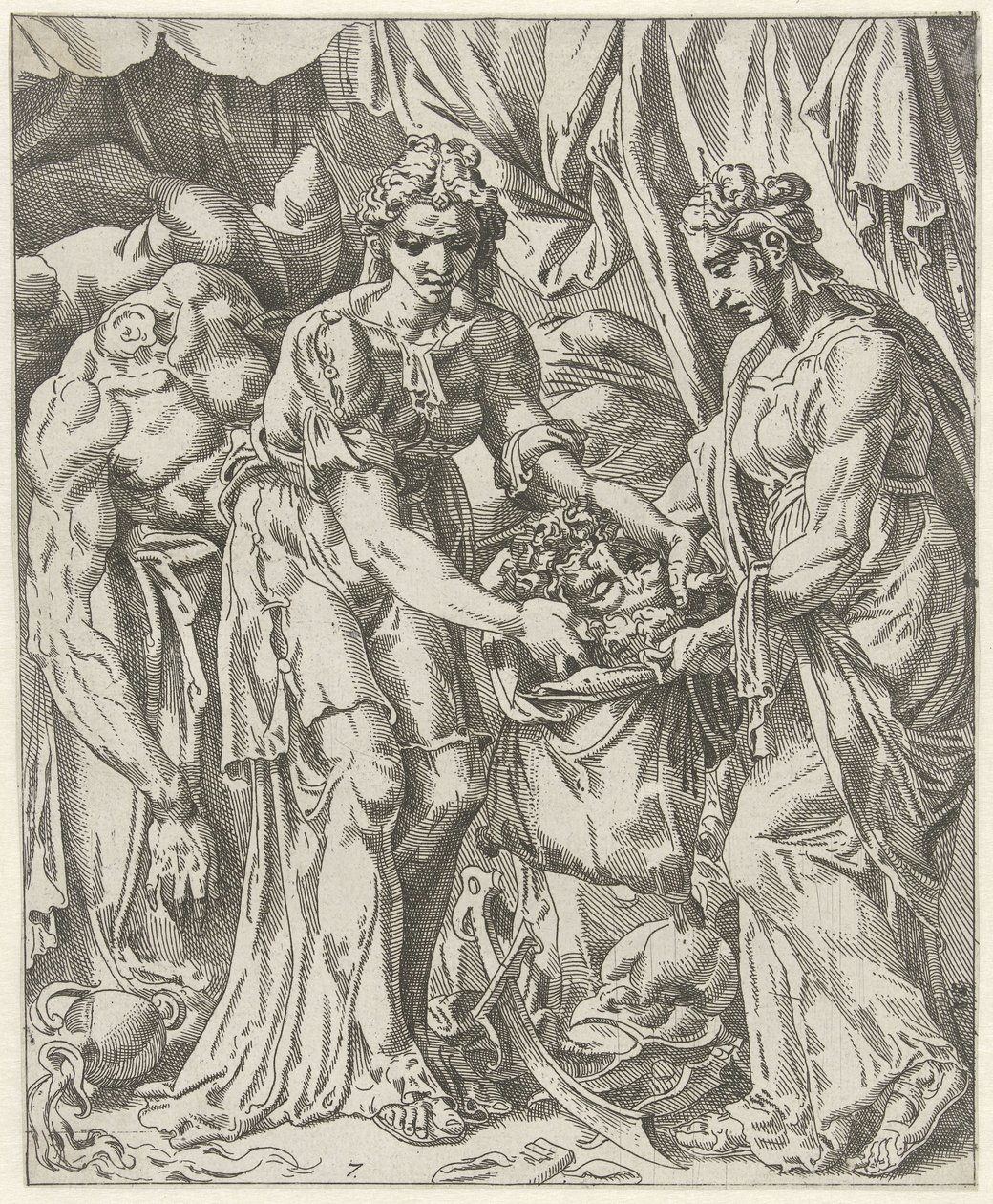 Judith Puts the Head of Holofernes in a Bag (series title: Judith and Holofernes) by Dirck Volckertsz. Coornhert (attributed to)