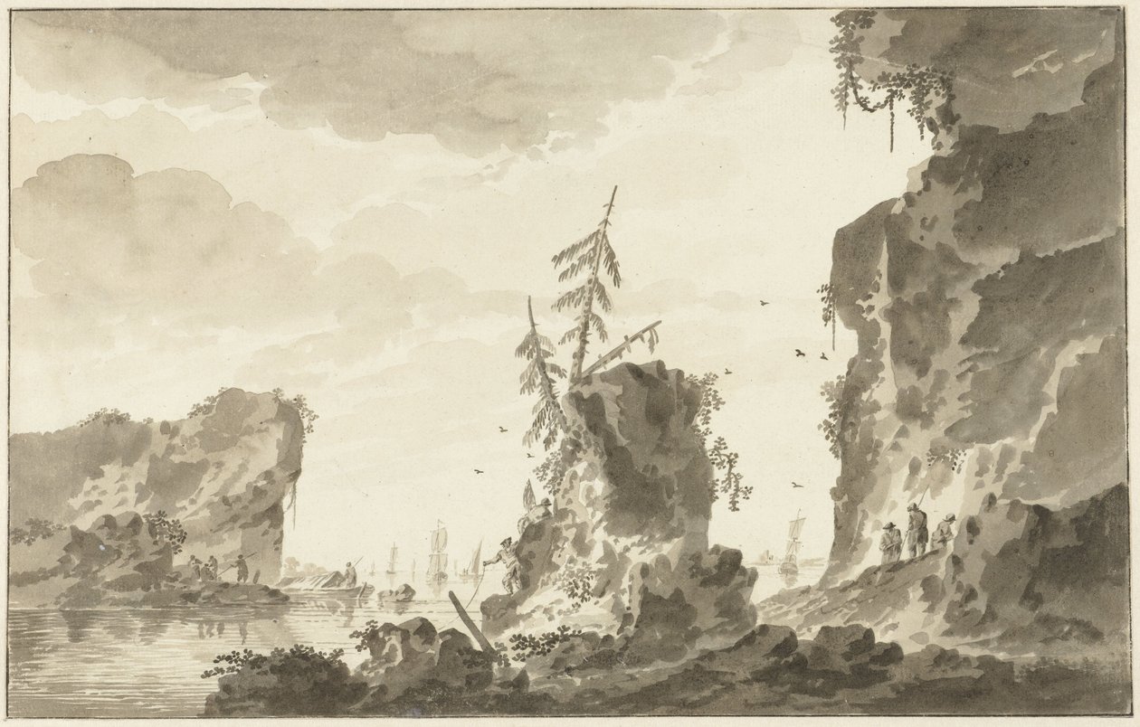 Rocky Coast with Ships and Fishermen by Dirk Kuipers