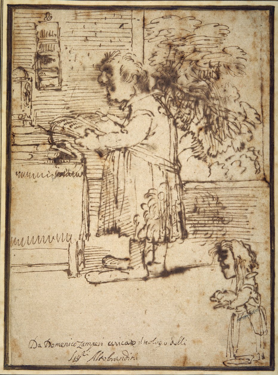 Caricature of the Aldobrandini theologian, with a female dwarf holding her dog by Domenichino