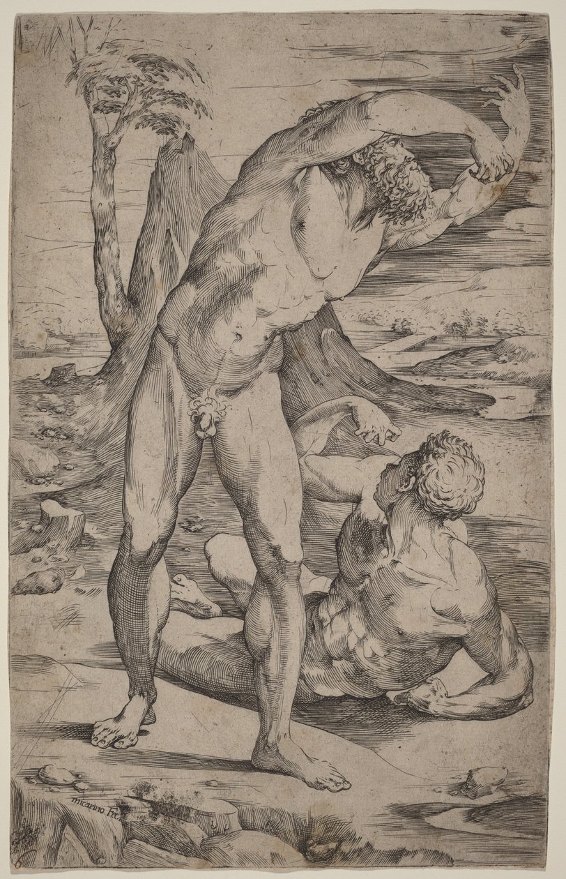 Two Male Nudes Gesturing in a Landscape by Domenico Beccafumi