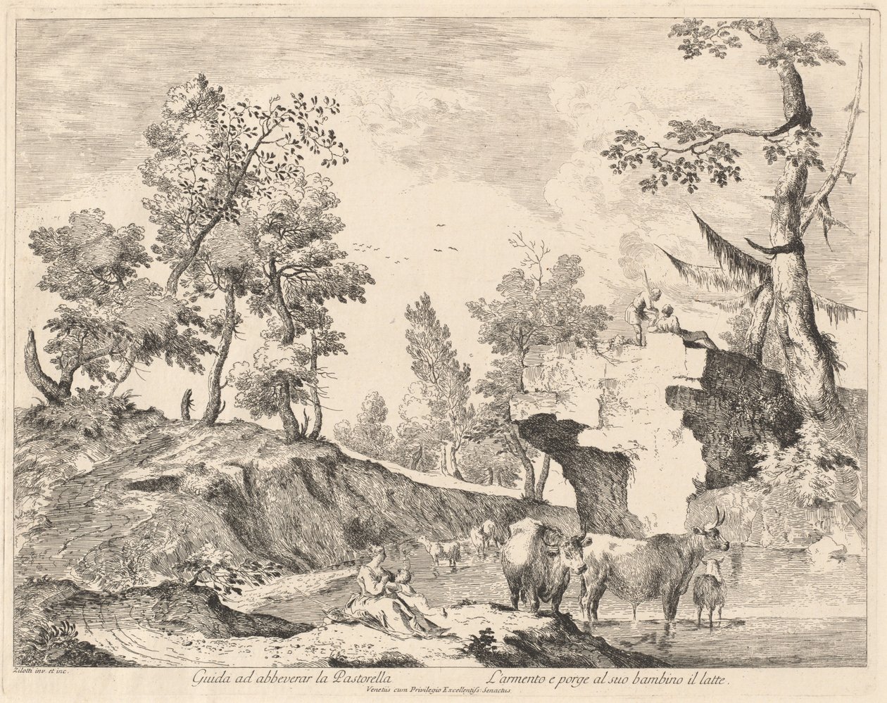 Landscape with Shepherdess and Herd at a Watering Hole by Domenico Bernardo Zilotti